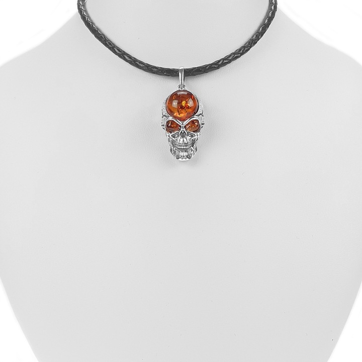 SREBRNY WISIOREK CZASZKA z oryginalny BURSZTYN srebro 925 DLA MĘŻCZYZNY