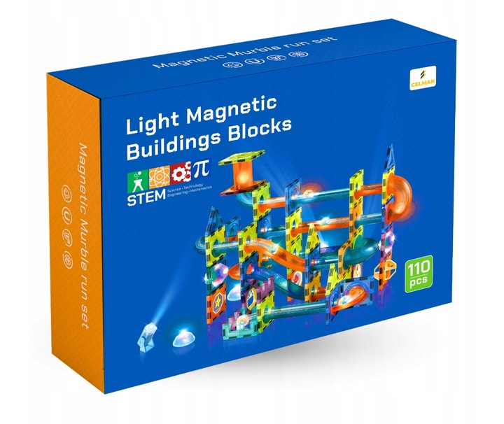 KLOCKI MAGNETYCZNE ŚWIECĄCY TOR KULKOWY 110 ELEMENTÓW KULODROM ZESTAW