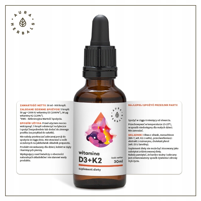 AURA HERBALS Witamina D3 + K2MK7 w kroplach 30 ml