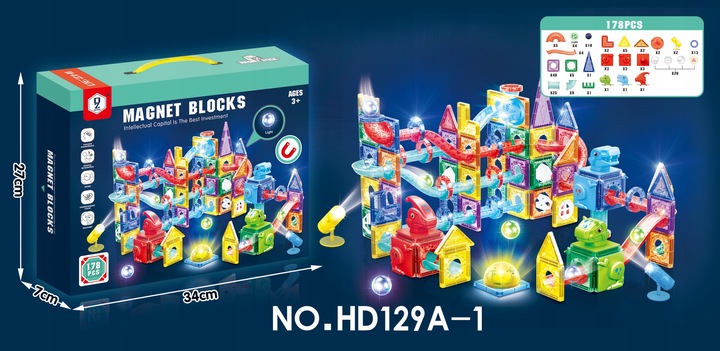 KLOCKI MAGNETYCZNE 178el TOR KULKOWY KULODROM ŚWIECĄCY 129A-1 + GRATIS