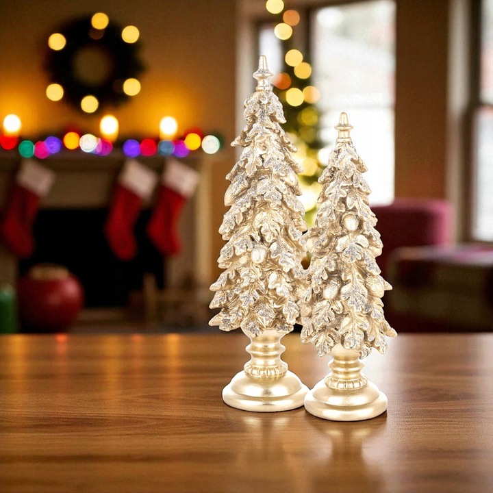 Choinka złota liście dębu na postumencie wąska 25 cm figurka świąteczna