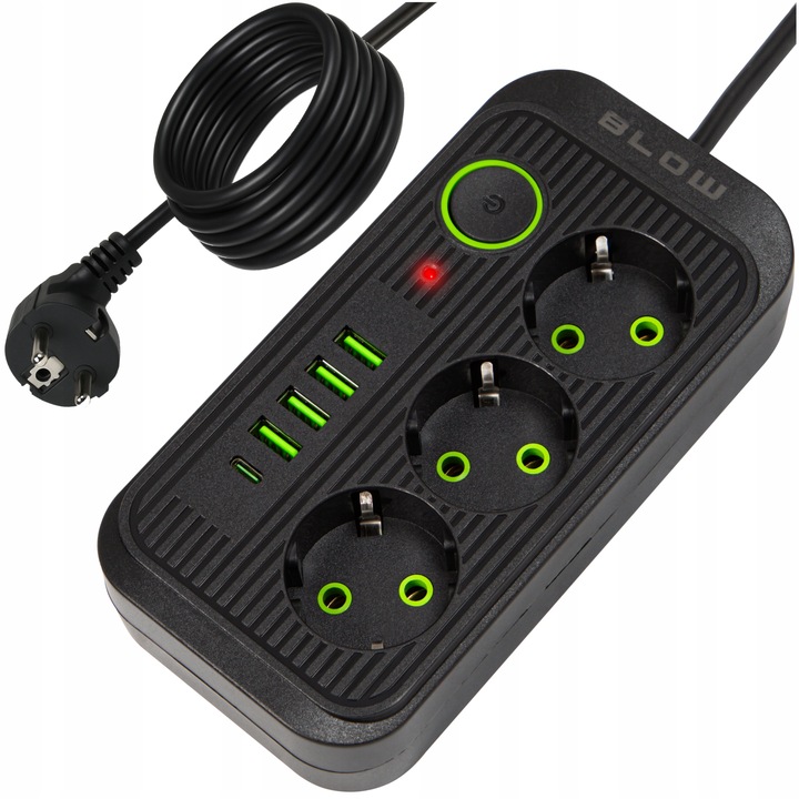 PRZEDŁUŻACZ LISTWA ZASILAJĄCA WŁĄCZNIK 4x USB 3 GNIAZDA 5m USB TYP-C