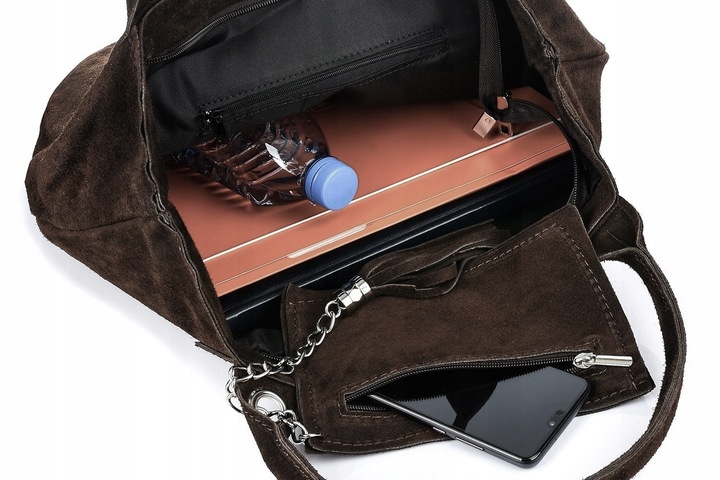 czekoladowa zamszowa torebka worek skóra naturalna SHOPPER A4 VERA PELLE