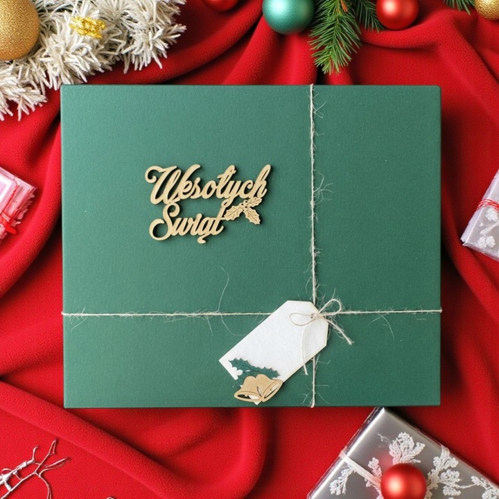 Pudełko prezentowe na prezent Święta zielone napis drewniany wypełnienie