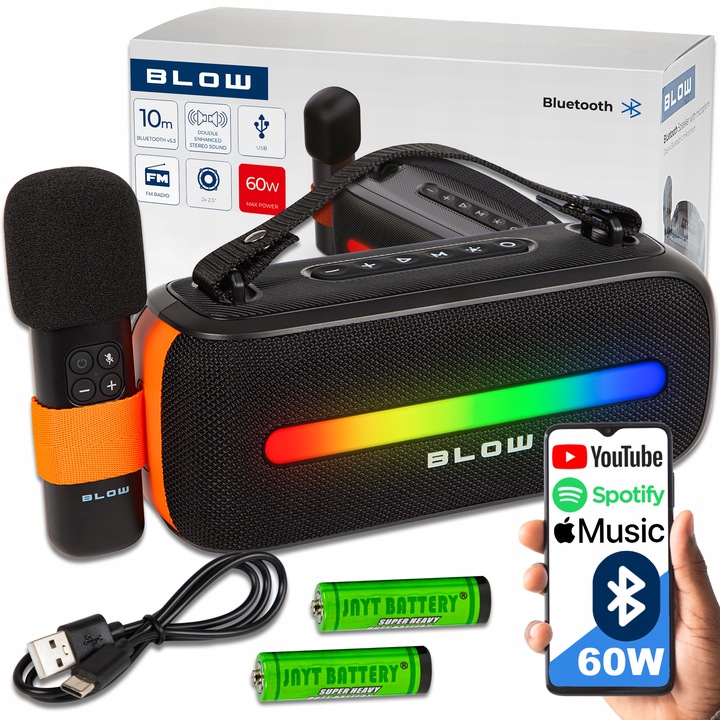 GŁOŚNIK BLUETOOTH PRZENOŚNY RADIO FM USB BEZPRZEWODOWY KARAOKE RGB MIKROFON