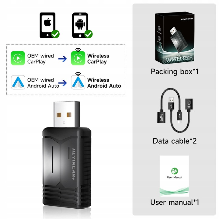 HEYINCAR 2 w 1 Bezprzewodowy adapter samochodowy Apple Carplay Android