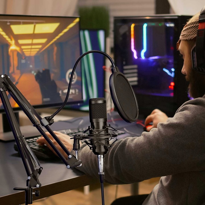 Mikrofon Studyjny Pojemnościowy JACK Gamingowy Statyw Filtr Youtube Zestaw