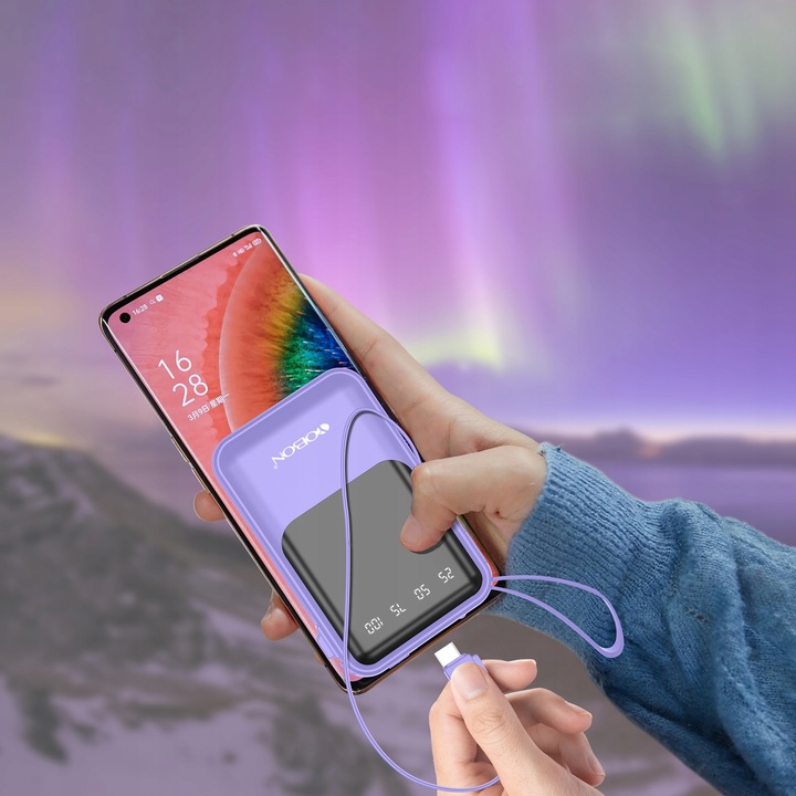 POWER BANK 10000MAH USB/USB-C QC PD WBUDOWANY KABEL Wyświetlacz cyfrowy