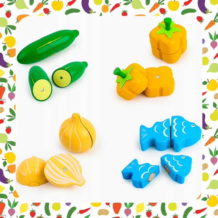 ZESTAW XXL DREWNIANE WARZYWA OWOCE DO KROJENIA NA MAGNES PREZENT DLA DZIECI