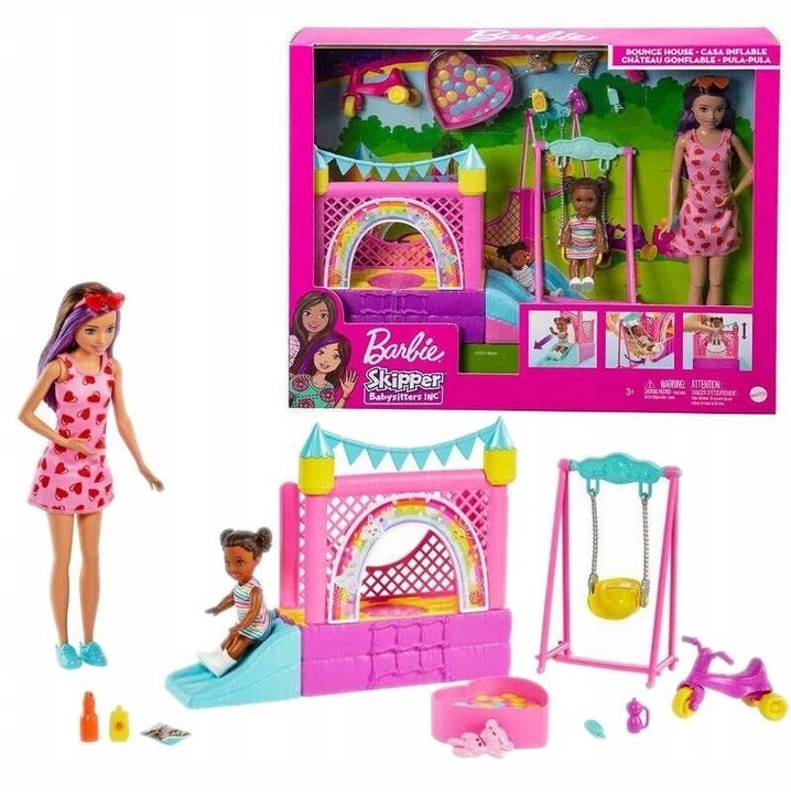 BARBIE SKIPPER LALKA OPIEKUNKA PLAC ZABAW HUŚTAWKA ZAMEK DMUCHANY ROWEREK