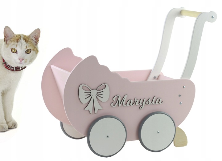 drewniany WÓZEK DLA LALEK +IMIĘ + POŚCIEL +stopery