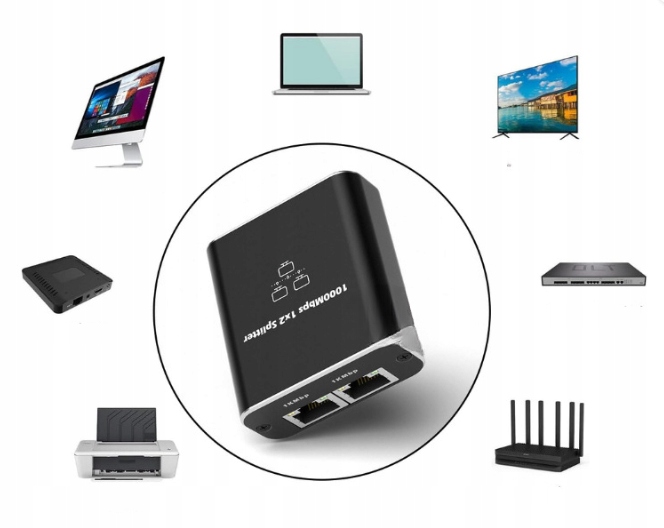 Adapter rozdzielacz mini Switch splitter LAN Ethernet RJ45 2xRJ45 1000M 1GB