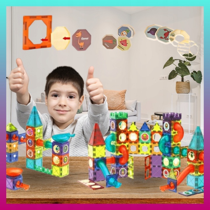 Klocki MAGNETYCZNE KONSTRUKCYJNE Tor kulkowy ŚWIECĄCY 110 el Zestaw dziecko