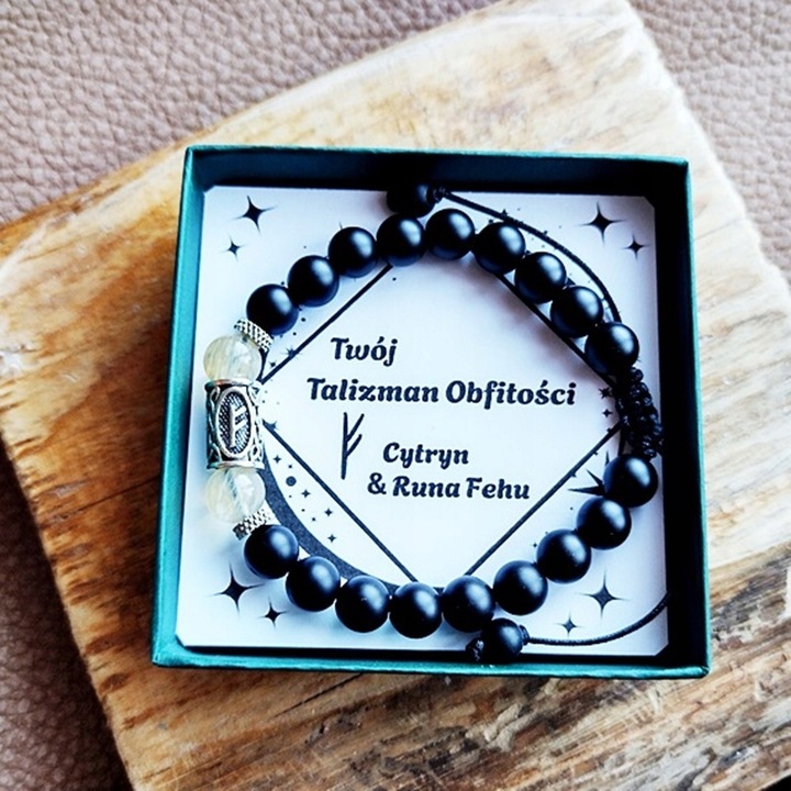 Bransoletka Męska Talizman Obfitości CYTRYN Runa FEHU Bogactwo Pieniądze