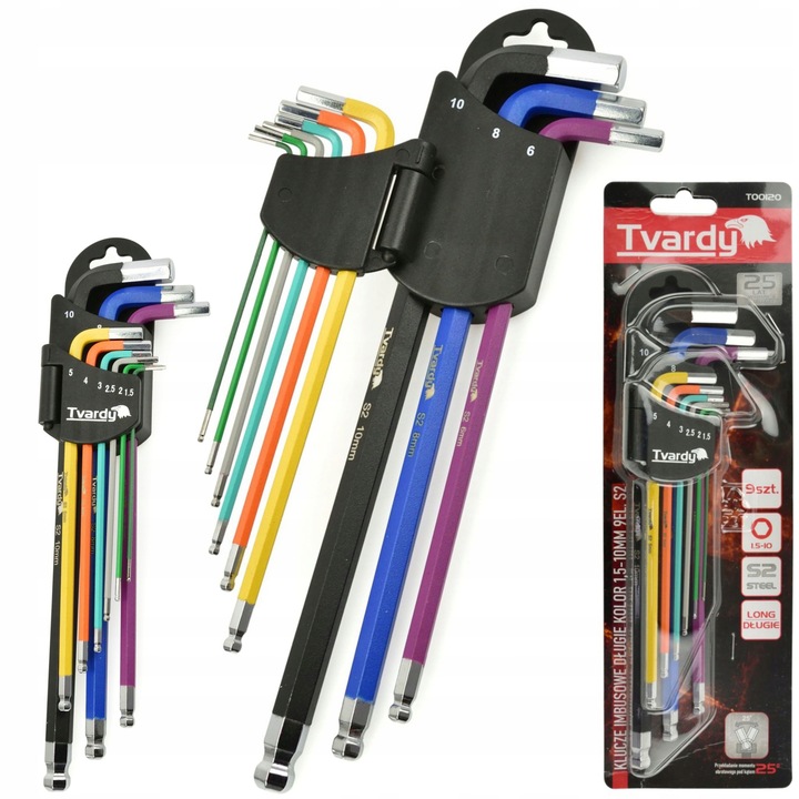 TVARDY ZESTAW KLUCZE IMBUSOWE IMBUSY DŁUGIE HEX 1.5-10mm 9sztuk KOLOR