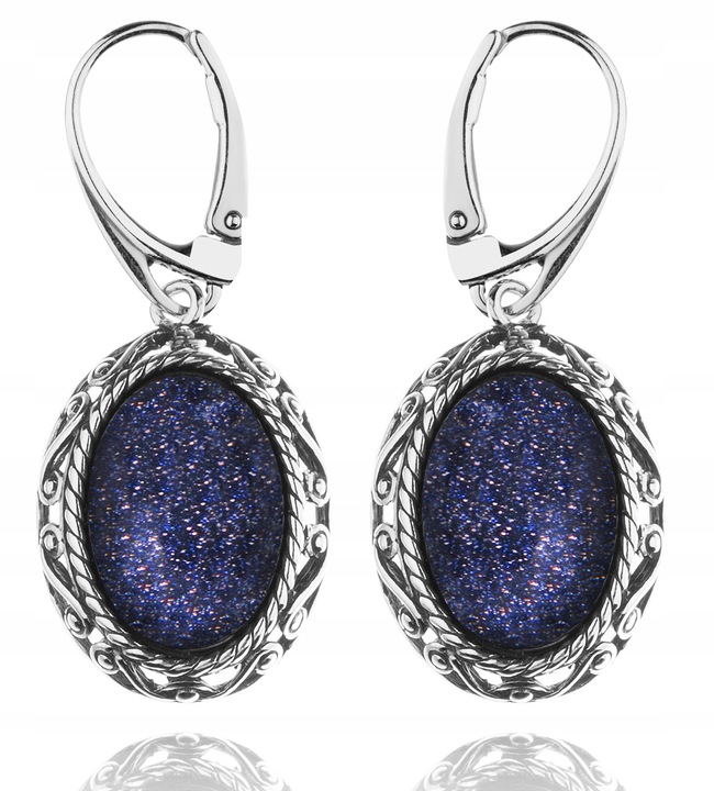 SREBRNE POSTARZANE KOLCZYKI Z NOCĄ KAIRU W KORONKOWEJ OPRAWIE ANGIELSKIE