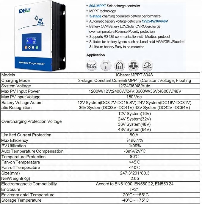 Regulator ładowania EASUN MPPT 36 V 12 V 24 V 48 V 80A MAX 150 V DC
