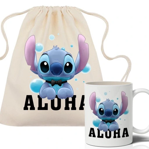Zestaw Worek Beżowy + Kubek Biały LILO I STITCH Wz