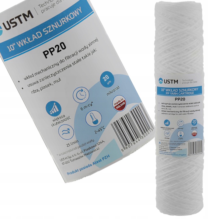 10x FILTR DO WODY WKŁAD filtrujący 10" SZNURKOWY 20 MIKRON PP20M. USTM