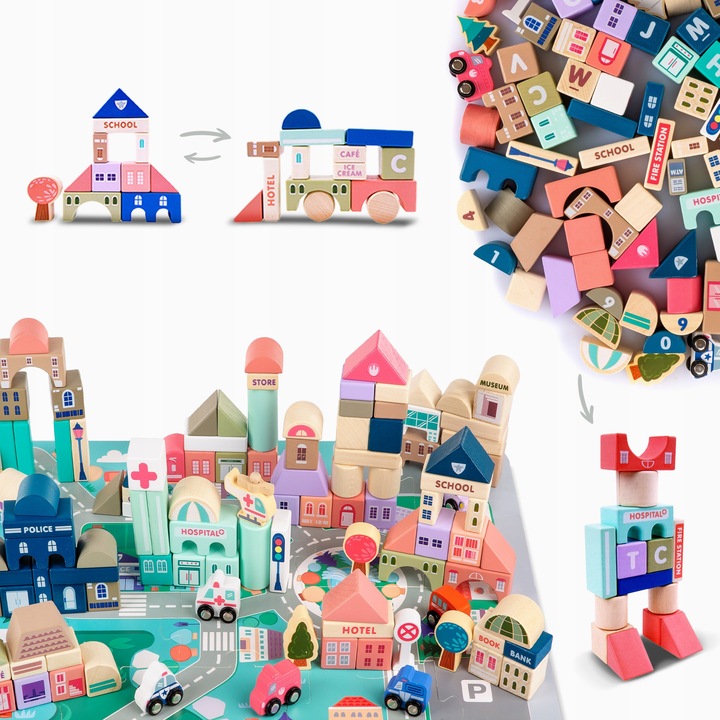 DREWNIANE KLOCKI ZESTAW DROGA MIASTO 115 ELEMENTÓW MATA POJAZDY AKCESORIA