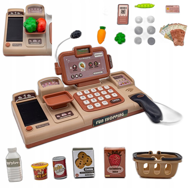 Kasa Fiskalna Edukacyjna Sklepowa Waga Koszyk Czytnik Kodów Monety Mikrofon