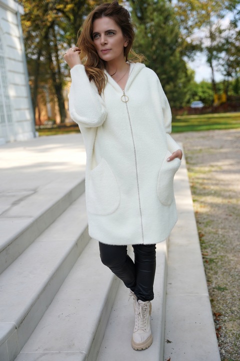 PRZEJŚCIOWY PŁASZCZ z alpaki Z KAPTUREM na suwak KOLOR BIAŁY r. oversize