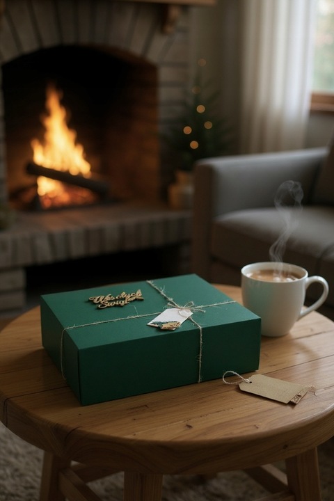 Pudełko prezentowe na prezent Święta zielone napis drewniany wypełnienie