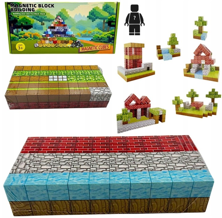 KLOCKI MAGNETYCZNE 100 KLOCKÓW KONSTRUKCYJNE PIKSELE SZEŚCIANY + 1 LUDZIK