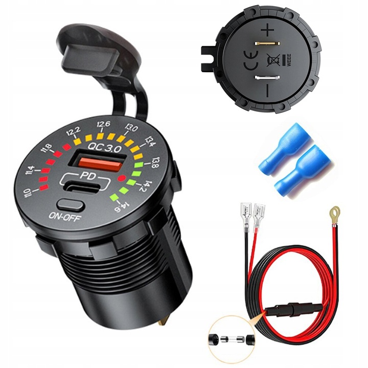 WOLTOMIERZ SAMOCHODOWY ŁADOWARKA USB QUICK CHARGE 3.0 USB USB-C 5V 3A