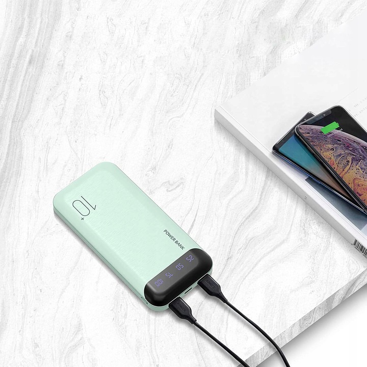 POWERBANK 10000mAh 2,4A 2×USB/USB-C SZYBKI WYDAJNY POWER BANK LED ZIELONY