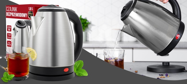 CZAJNIK ELEKTRYCZNY BEZPRZEWODOWY STALOWY DUŻY MOCNY SREBRNY 2200 W 1,8 L
