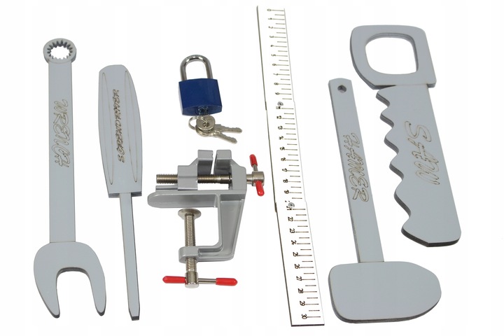 KOLOR Drewniany warsztat majsterkowicz tablet kłódka imadło schowek piła PL