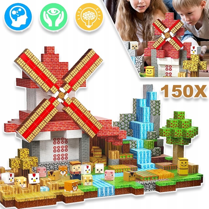 KLOCKI MAGNETYCZNE KLOCKI SZEŚCIANY FARMA 150 KLOCKÓW PIKSELE DLA DZIECI