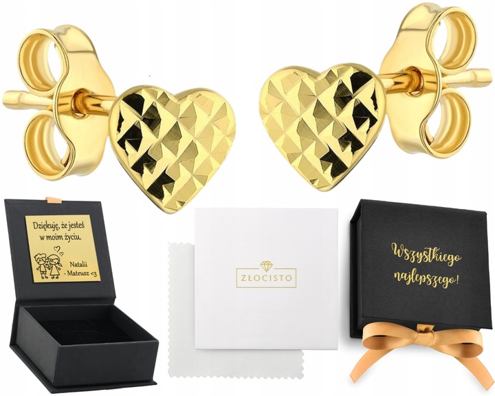 ZŁOTE KOLCZYKI SERCA DIAMENTOWANE ZŁOTO 585 14K GRAWER PREZENT