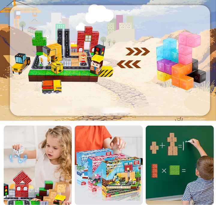 KLOCKI MAGNETYCZNE 3D KLOCKI SZEŚCIANY DLA DZIECI Z 4 KLOCKI LED - 2x138szt