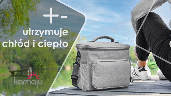 SOLIDNA TORBA TERMICZNA NA LUNCH PIKNIK 2 KOMORY + KIESZENIE PASEK SZARA