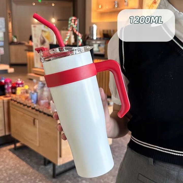 Kubek termiczny ze słomką i pokrywką – 1200 ml, stal nierdzewna