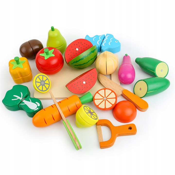 DREWNIANE WARZYWA I OWOCE NA MAGNES ZESTAW DO KROJENIA ZABAWKA EDUKACYJNA