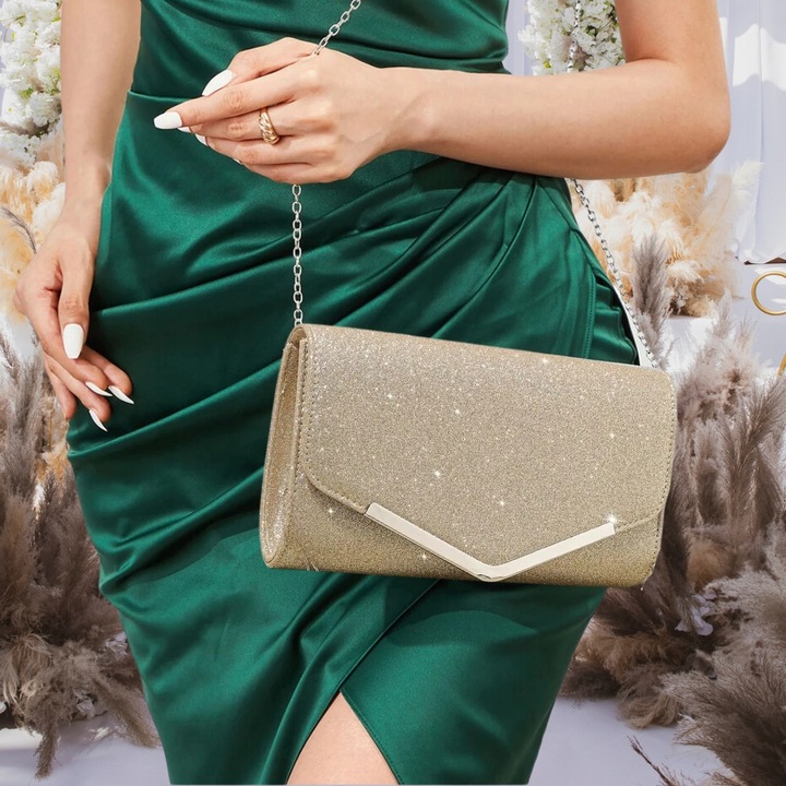Wieczorowa Złota Torebka Elegancka Kopertówka Wizytowa Błyszcząca Retro