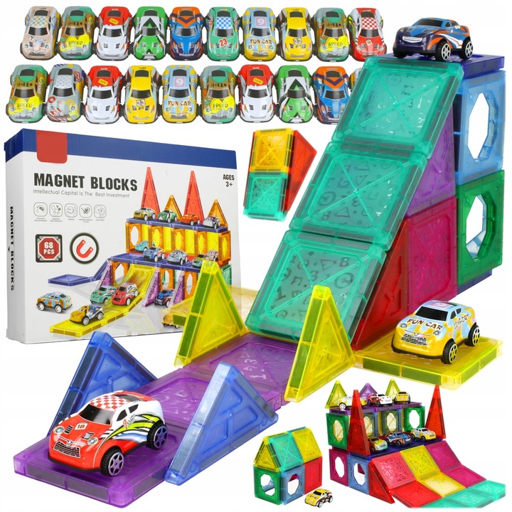 DUŻE Klocki Magnetyczne 3D Konstrukcyjne 20 Autek Zjeżdżalnia 68el Edukacja