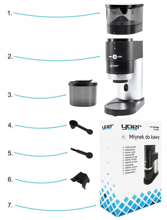 Elektryczny młynek kawy Żarnowy Yoer 150W AUTOMATYCZNY +43 Poziomy mielenia