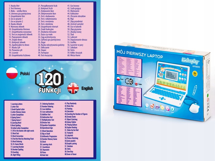 KINDERPLAY LAPTOP DLA DZIECI EDUKACYJNY DO NAUKI LITEREK LICZENIA 120 OPCJI
