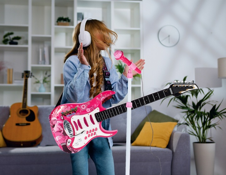 GITARA ELEKTRYCZNA DUŻA DLA DZIECI Z MIKROFONEM WZMACNIACZ STATYW RÓŻOWA