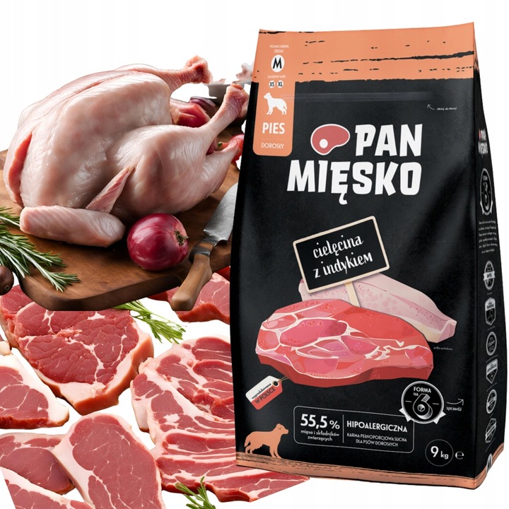 Pan Mięsko Karma sucha dla psa Cielęcina z indykiem (dorosły) chrupki M 9kg