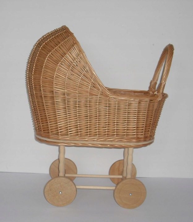 Wózek wiklinowy dla lalek NATURALNY pchacz pościel