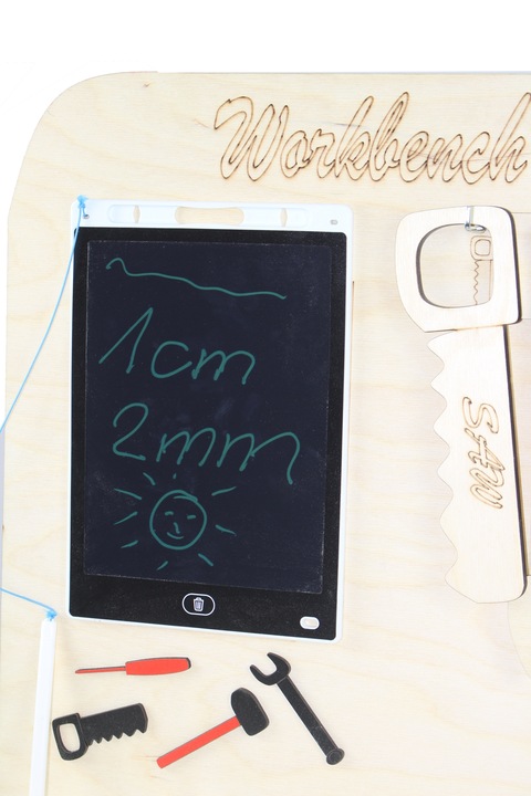 Drewniany warsztat majsterkowicza tablet kłódka imadło schowek piła POLSKI!