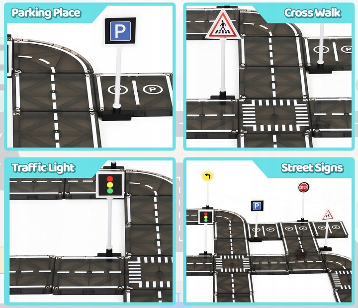KLOCKI MAGNETYCZNE TOR SAMOCHODOWY DROGA ZE ZNAKAMI 50 ELEMENTÓW PLAYMAGS