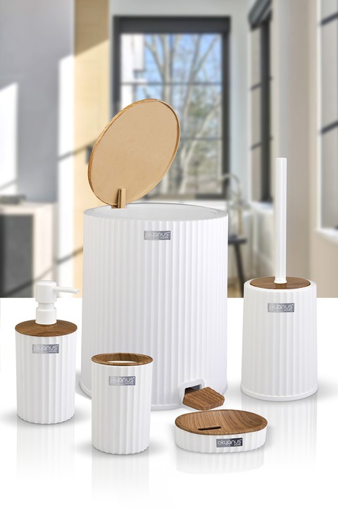 Zestaw łazienkowy 5 elementów Coliseum komplet do WC biały drewno kosz glam