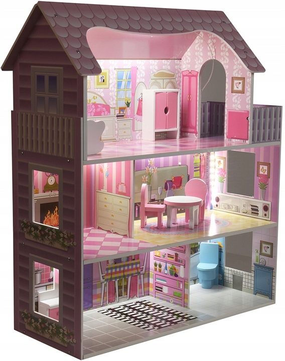 DUŻY DOMEK DLA LALEK DREWNIANY WILLA TARAS + MEBELKI + OŚWIETLENIE LED
