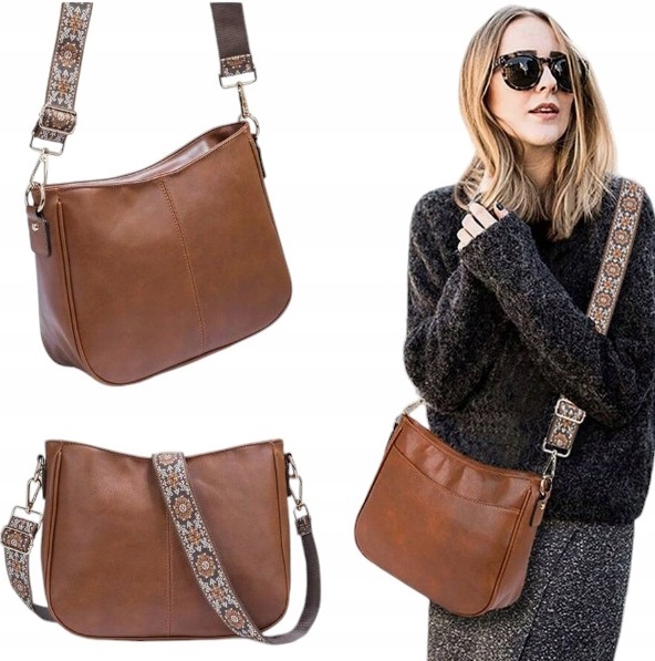 Torebka Damska BRĄZOWA Elegancka Pojemna na Ramię Pasek Brązowy